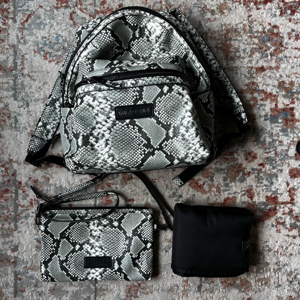 TIBA + MARL Snakeskin Elwood Changing Baby Backpack with changing pad, pouch.